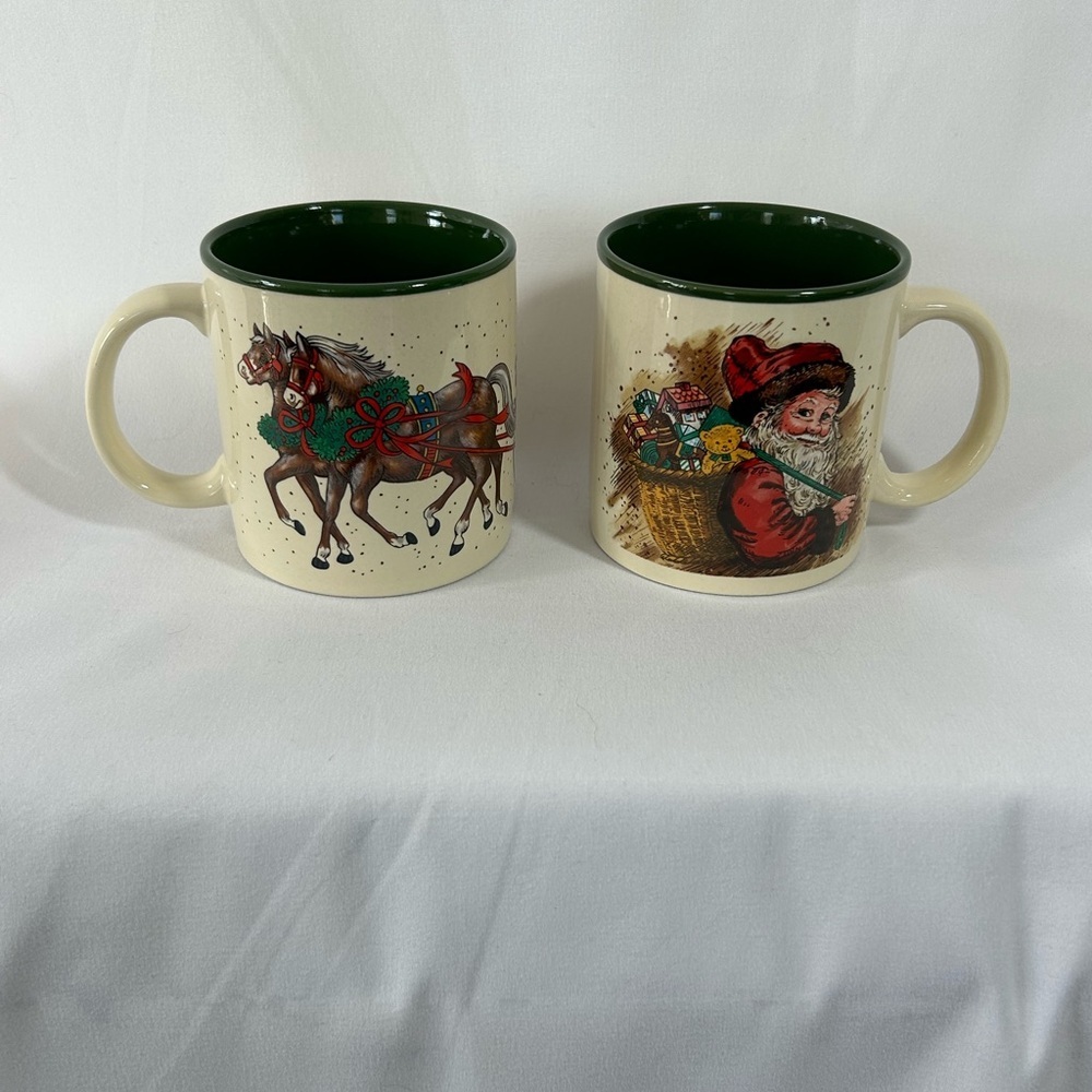 Vintage 1987 Marvelous Mugs Potpourri Press Santa Claus, Sleigh 2 Ceramic Mugs
